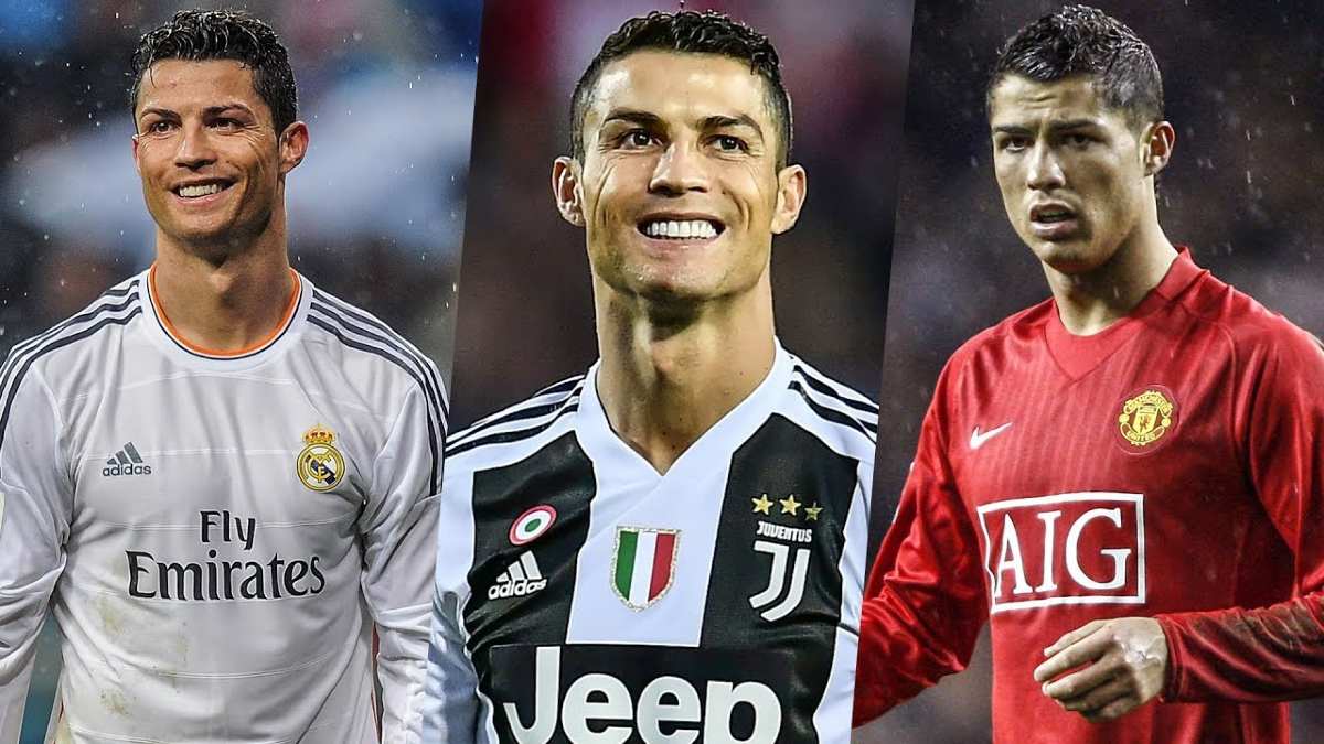 cr7 con le maglie di real, juve e united