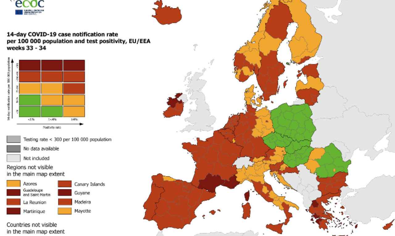 mappa ecdc contagi italia 7 regioni in rosso