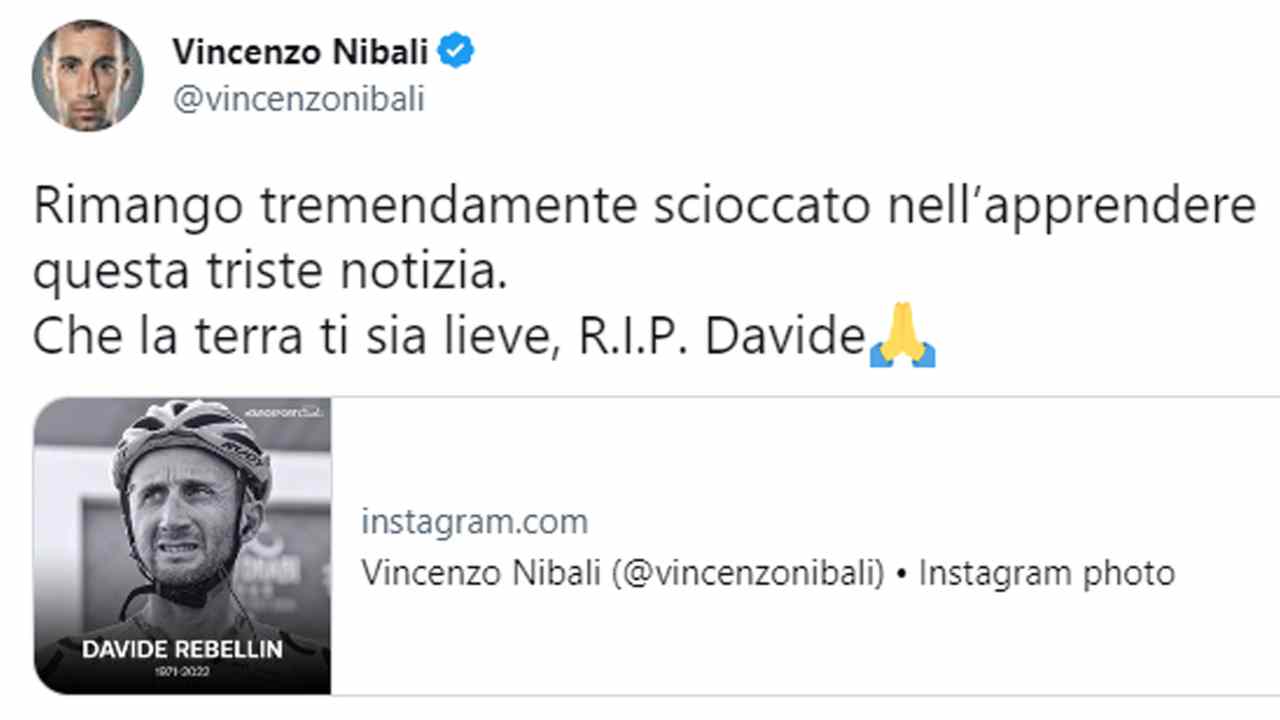 Nibali, messaggio di cordoglio su Rebellin